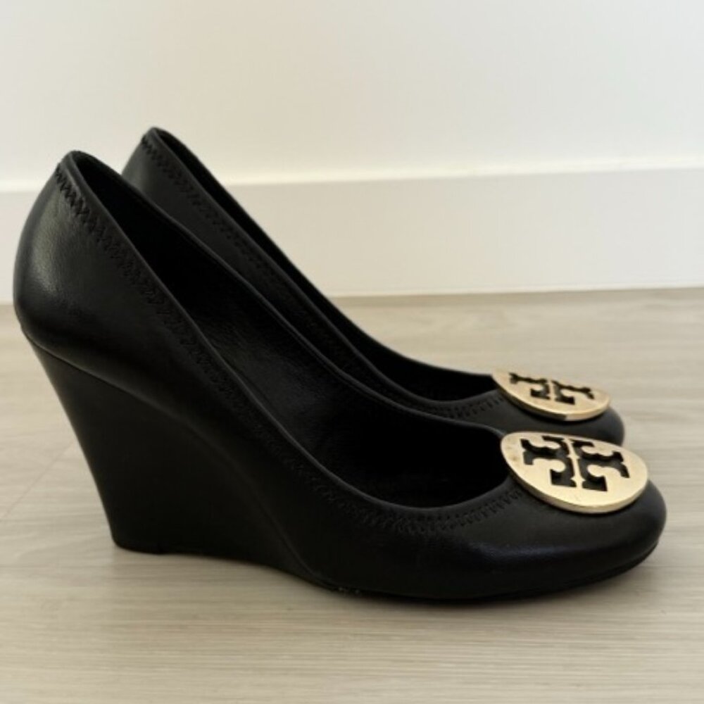 Tory Burch Black Leather Sally Wedge - Size 6.5
